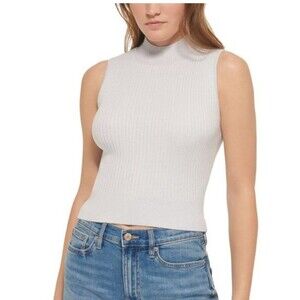Debut Cropped Ribbed Sleeveless Cream Mock Turtleneck W/ Sparkle, S/M